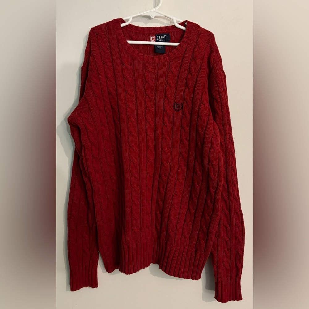 Chaps Boys Red Cable Knit Crew Neck Sweater Sz 12-14 Medium Blue Logo Cotton